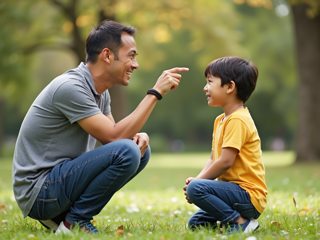 公園で子どもの話を真剣に聞く親の姿