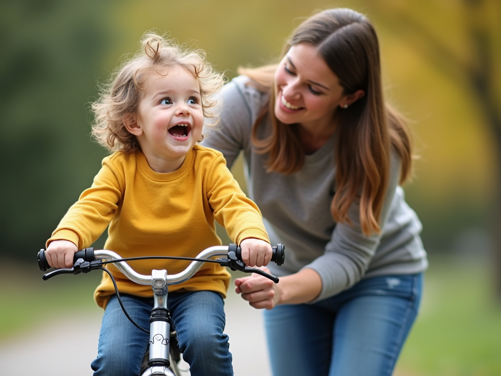 親が子供に自転車の乗り方を教えていて、子供は興奮し、親はサポートしている
