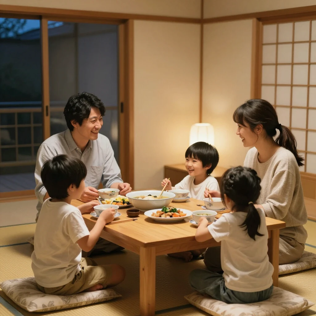 夕食を囲んで笑顔で話す日本の家族4人の温かいシーン