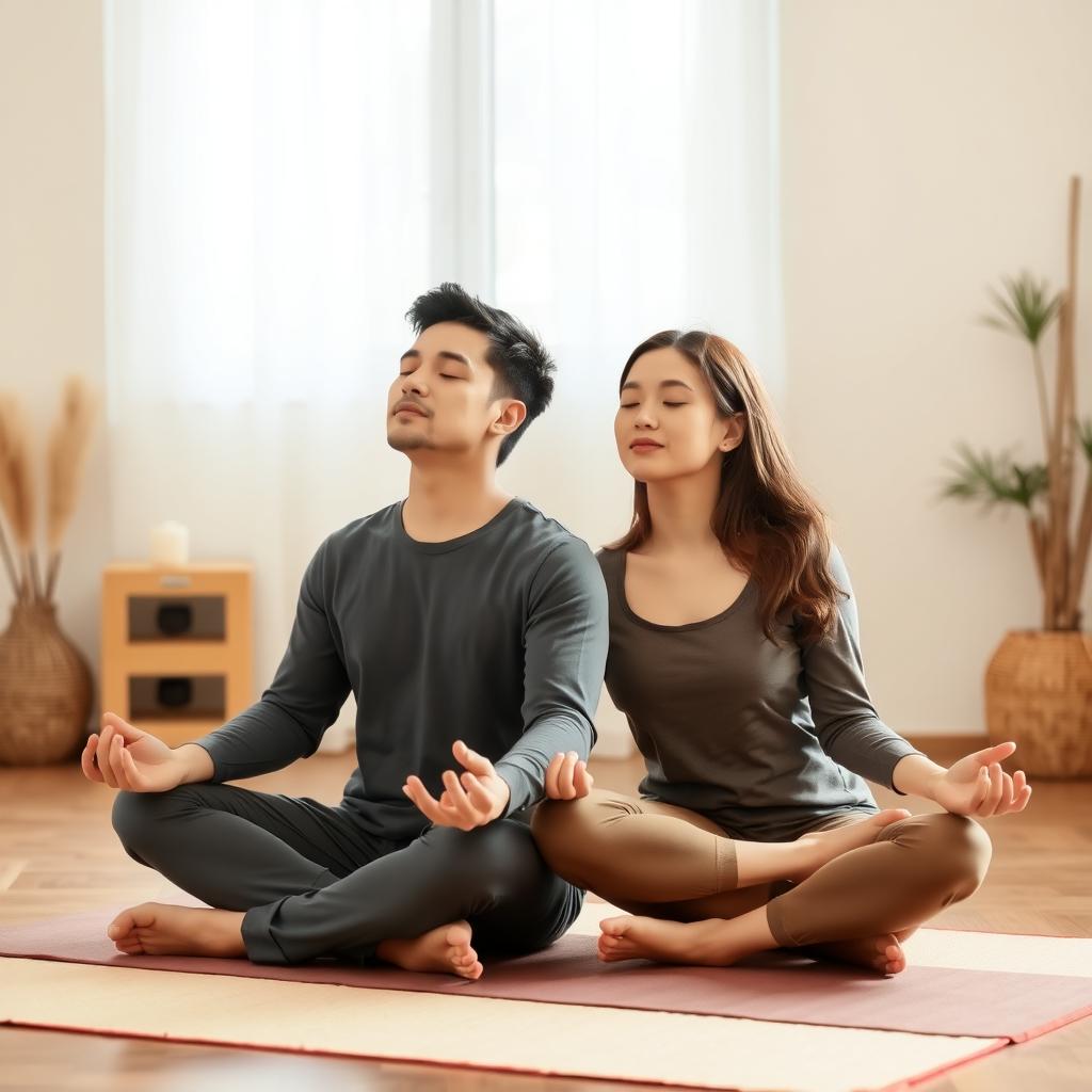 夫婦が一緒にマインドフルネスを実践し、感情を落ち着かせている様子。