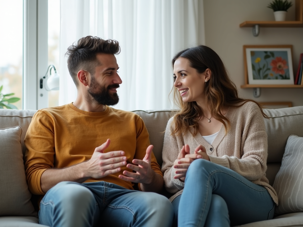 ソファに座って、問題解決のために話し合う夫婦