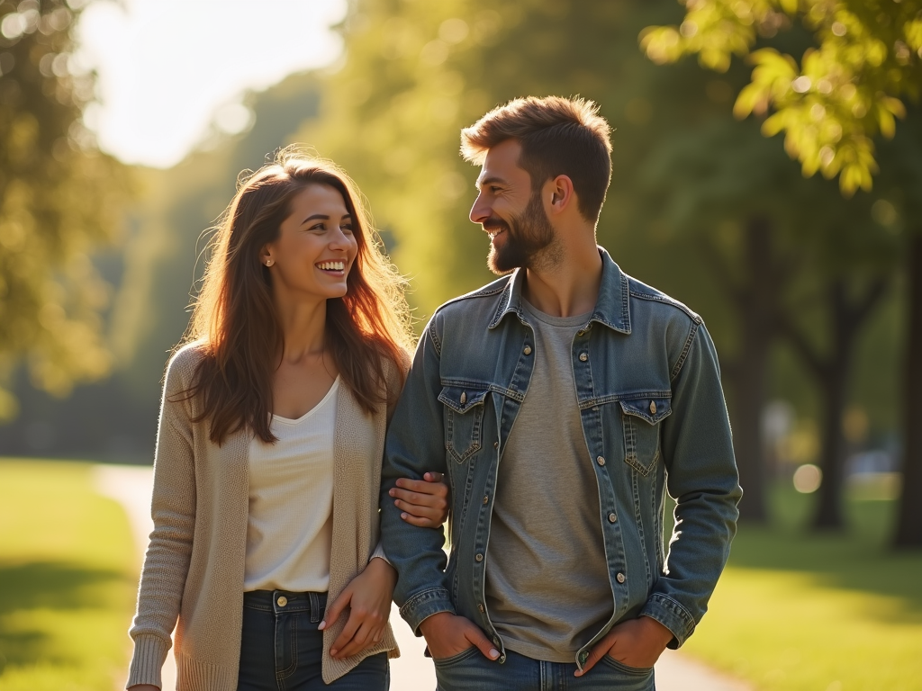 夫婦が公園を歩きながら笑顔で話している様子。背景に木々と晴れた空。