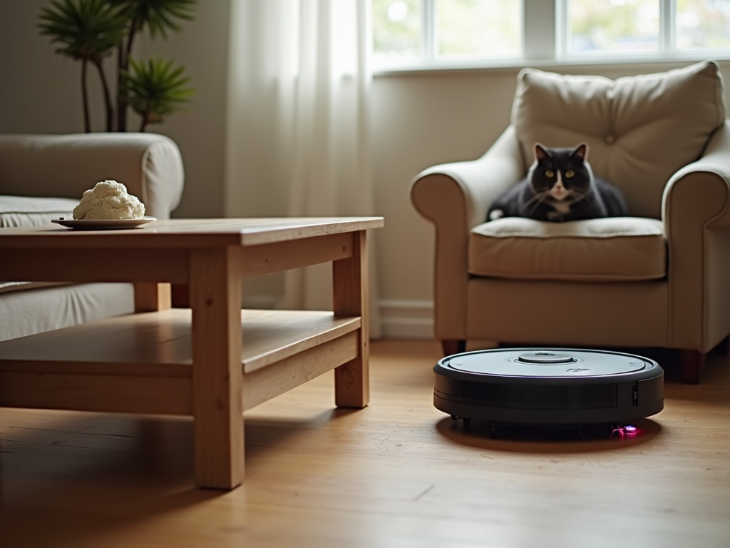 居心地の良いリビングルームでロボット掃除機がコーヒーテーブルを避け、近くの椅子で猫が好奇心旺盛に見ている