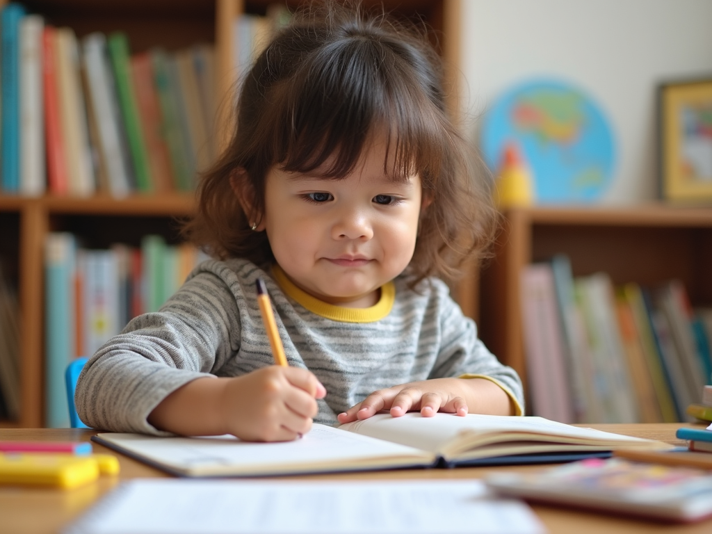 子どもが整理された部屋で勉強している様子。本や教育資材が周りにあり、子どもは熱心で意欲的。