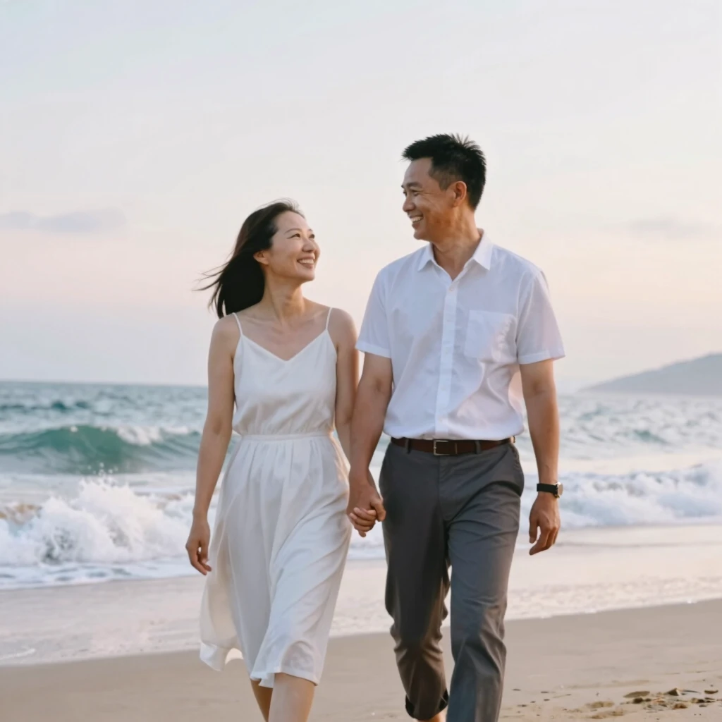 夫婦がビーチで散歩する幸せな様子