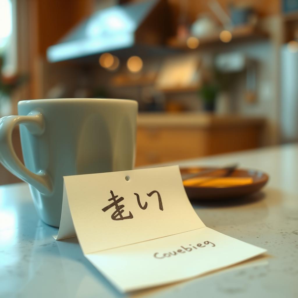 キッチンカウンターに置かれたコーヒーカップの横に、手書きの「ありがとう、いつもそばにいてくれて」と書かれたメモ。背景は暖かい照明の居心地の良いキッチン。