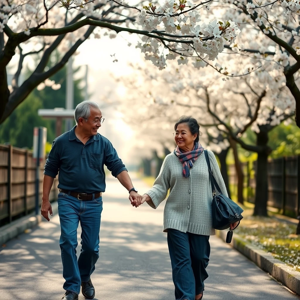 桜並木を手を繋いで歩く仲睦まじい夫婦