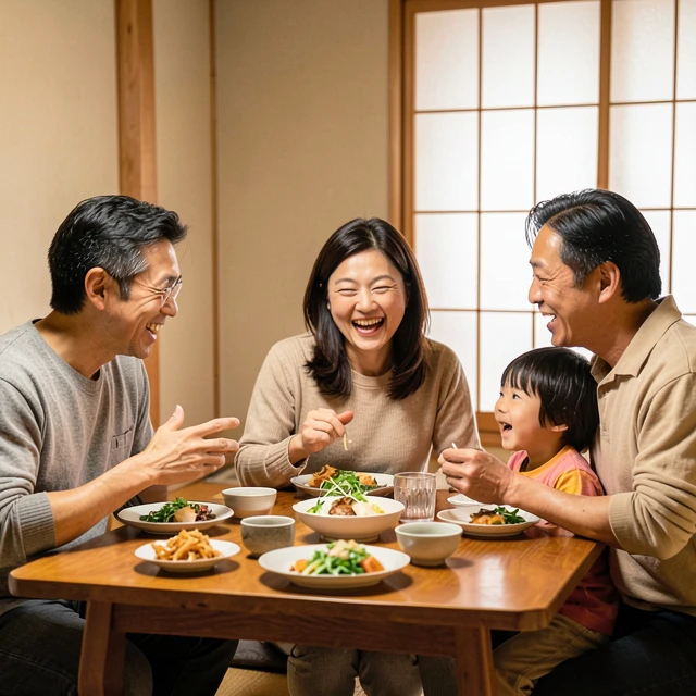 家族で夕食を囲みながら楽しく会話を交わす温かいシーン