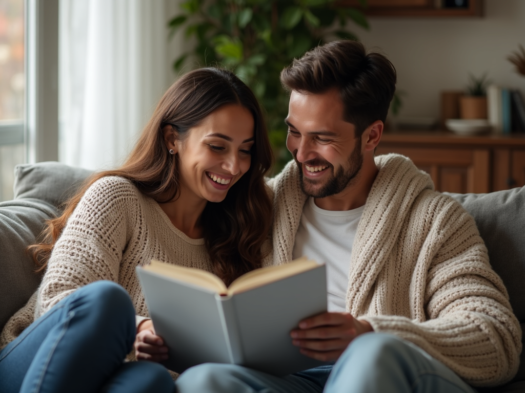 ソファで一緒にノートを見ながら笑う夫婦。暖かい毛布にくるまってリラックスする二人。