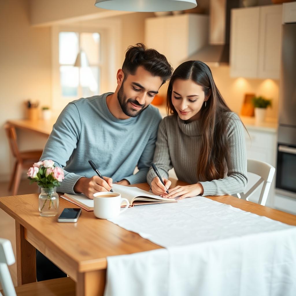 木製のキッチンテーブルで、共有のノートに書き込む夫婦。テーブルにはシンプルな白いテーブルクロス、コーヒーカップ、小さな花瓶が置かれている。背景には明るくモダンなキッチンと温かい照明。