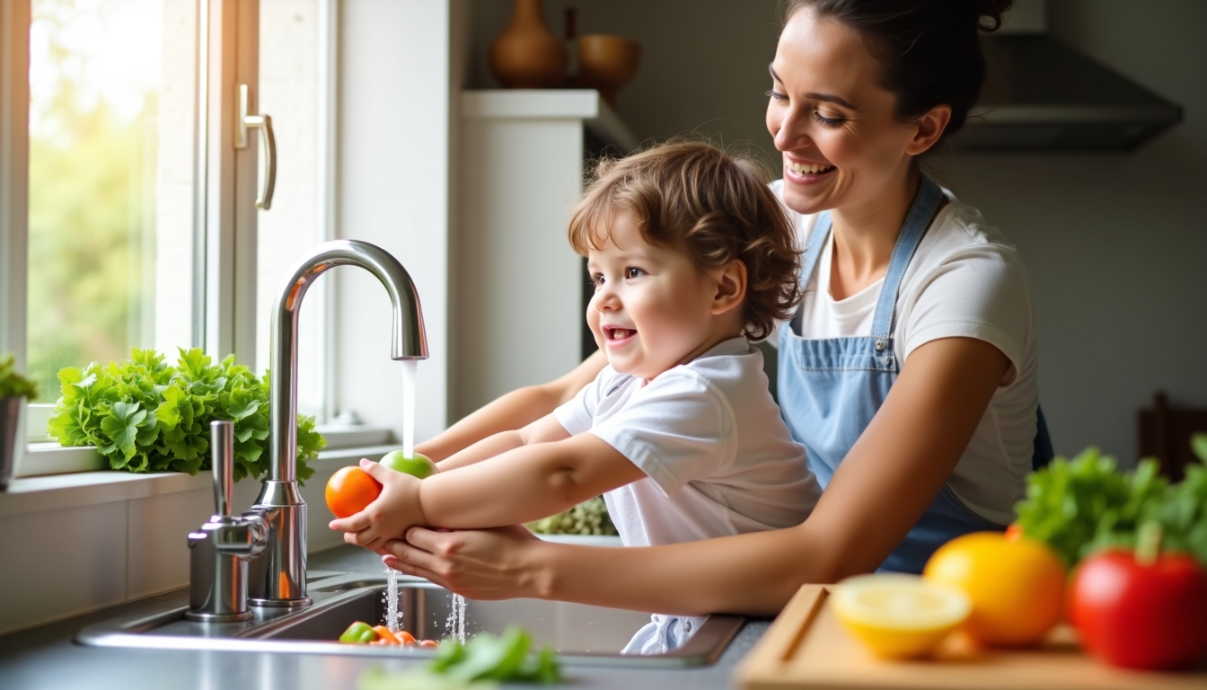 子供と一緒に食事の準備をする様子