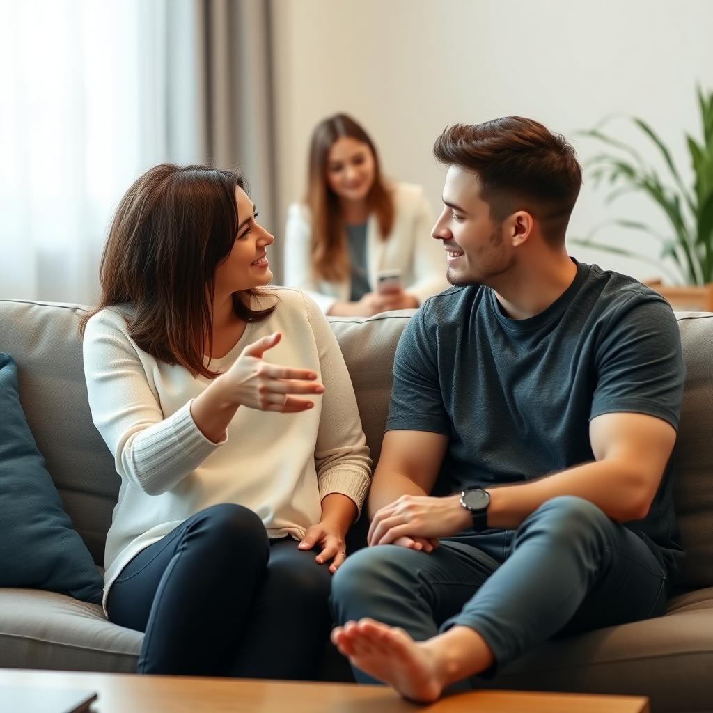 Couple in therapy session, discussing their issues with a therapist.