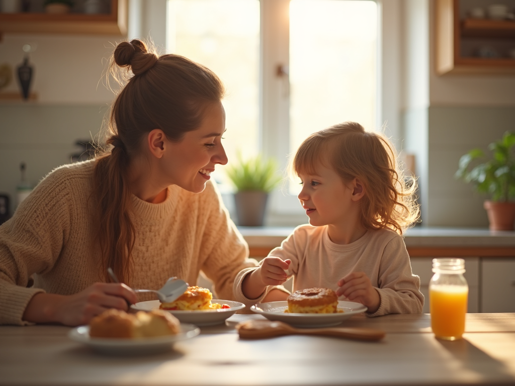親と子供が朝食を食べている画像