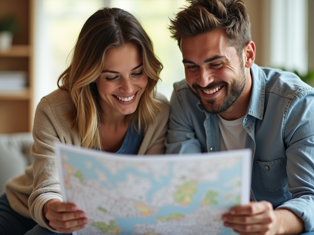 地図やプランナーを見ながら計画を話し合う夫婦