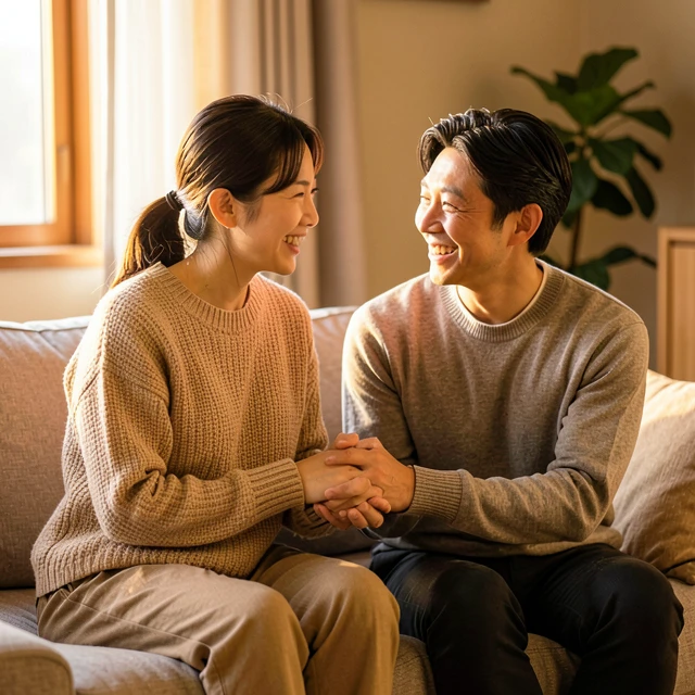 ソファで手をつなぎながら本音で話す夫婦の様子