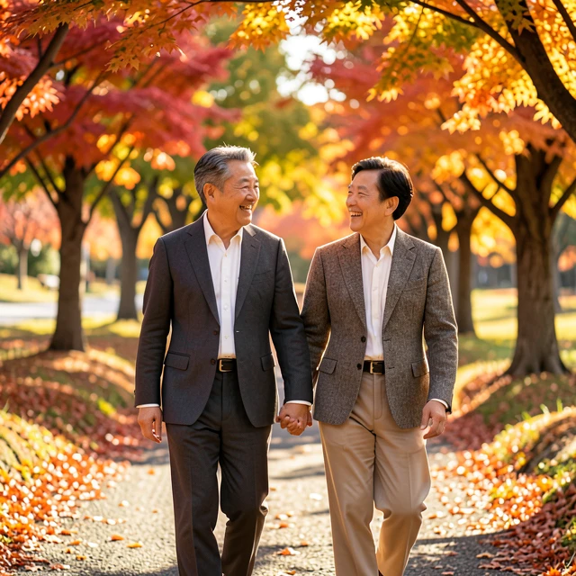 公園を歩く長続きする夫婦