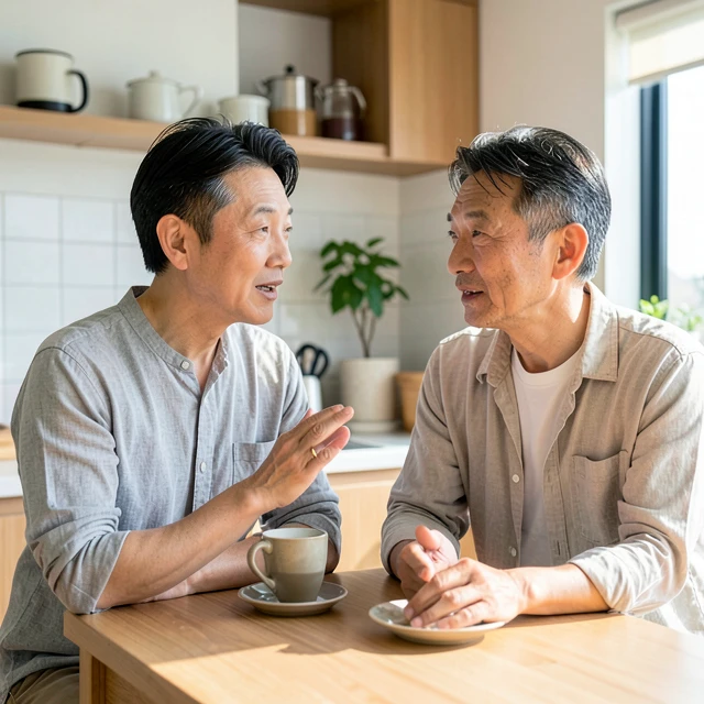 朝のキッチンで積極的に聞く夫婦
