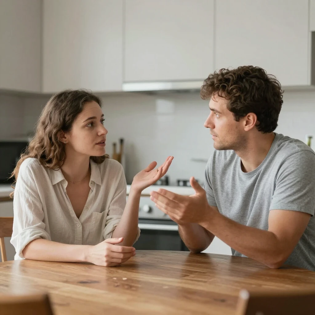 キッチンテーブルでオープンな姿勢で平和的に話し合う夫婦の conflict resolution の様子