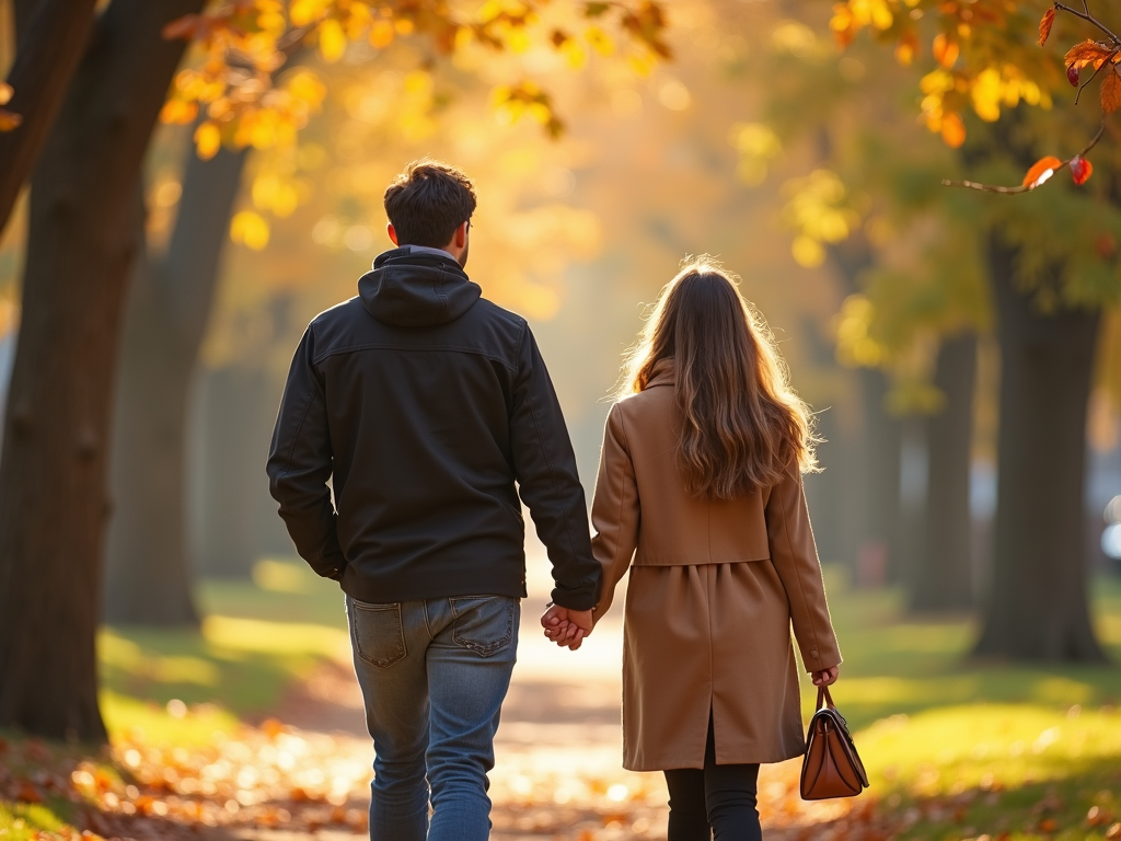 公園を歩く夫婦が手を繋ぎ、秋の落ち葉が周りに舞う、つながりを感じる瞬間。