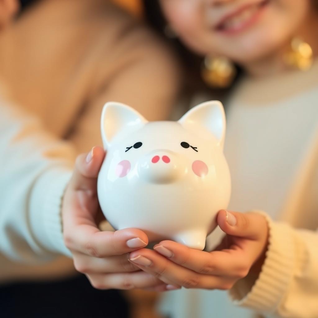 夫婦の手が猫型の貯金箱を一緒に持つクローズアップ。背景は温かみのある自宅のぼかし。