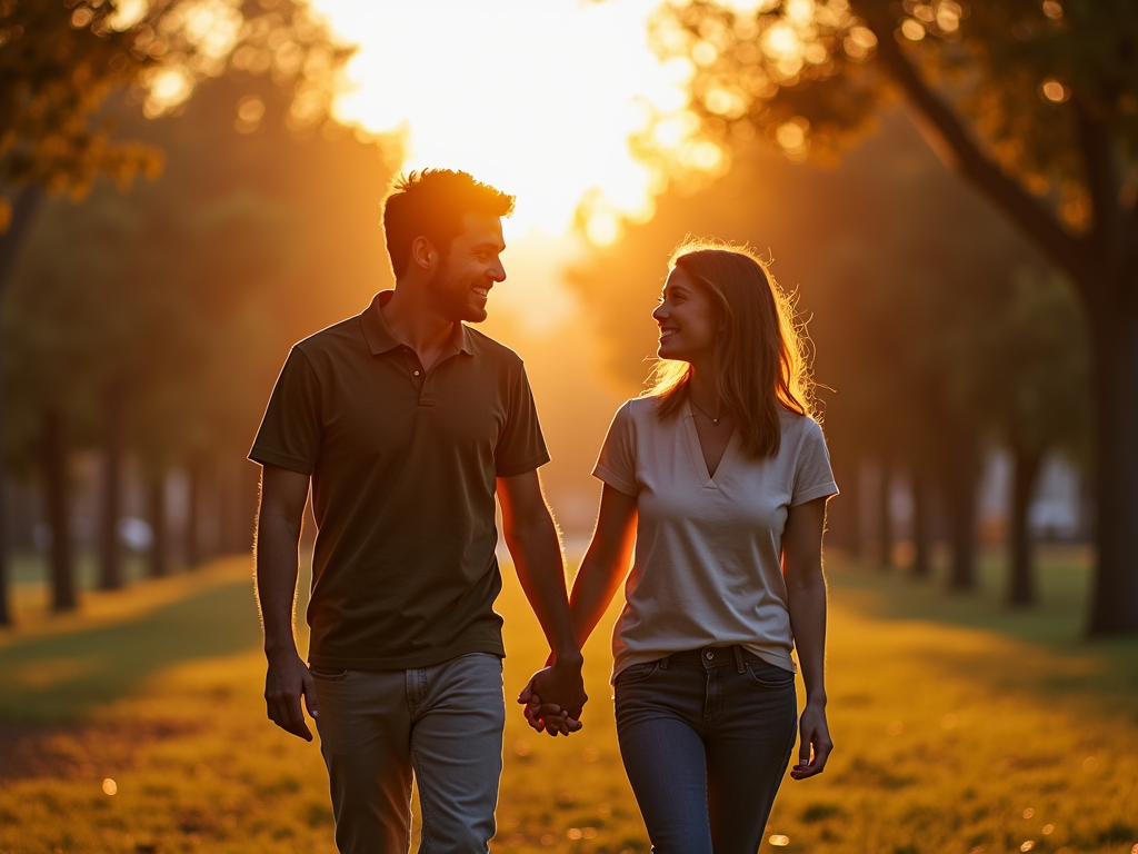 夫婦が公園で夕日を見ながら手をつなぎ、話して笑っている様子