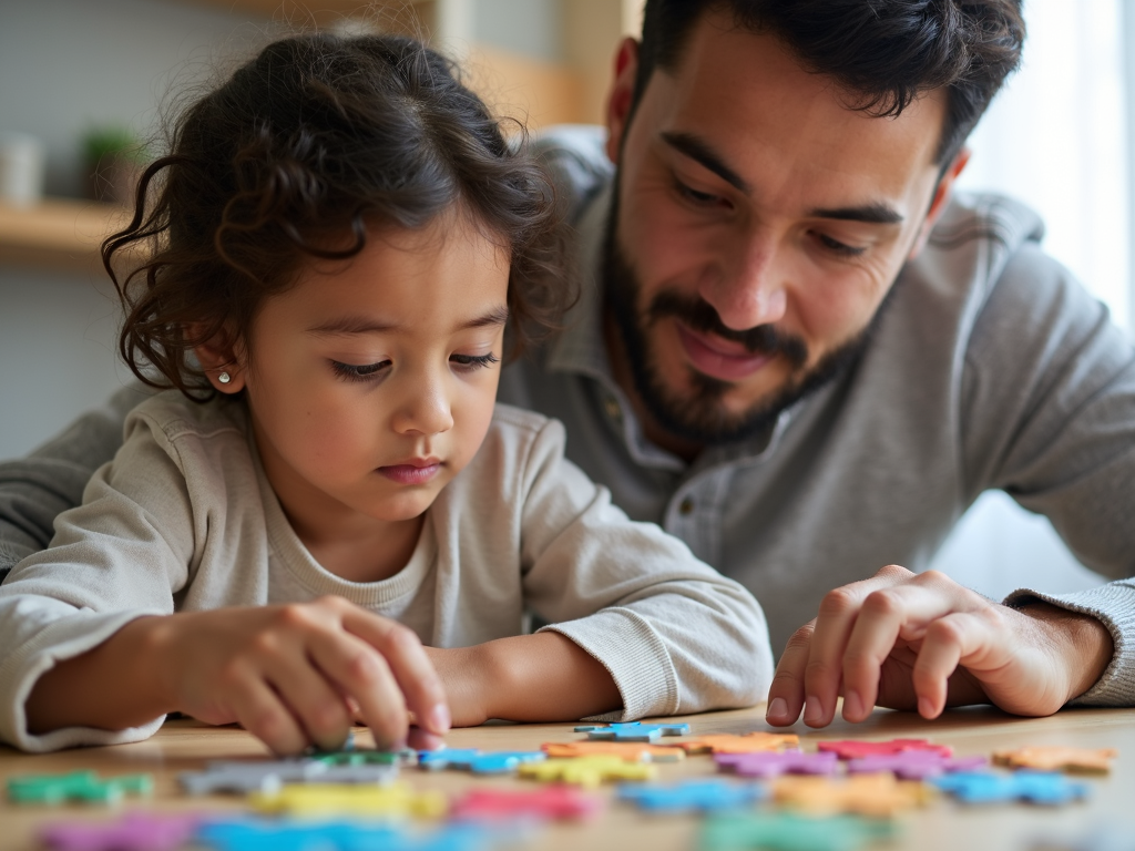親と子が一緒にパズルに取り組んでいる画像。親は子どもを導き、子どもは集中して取り組んでいる。