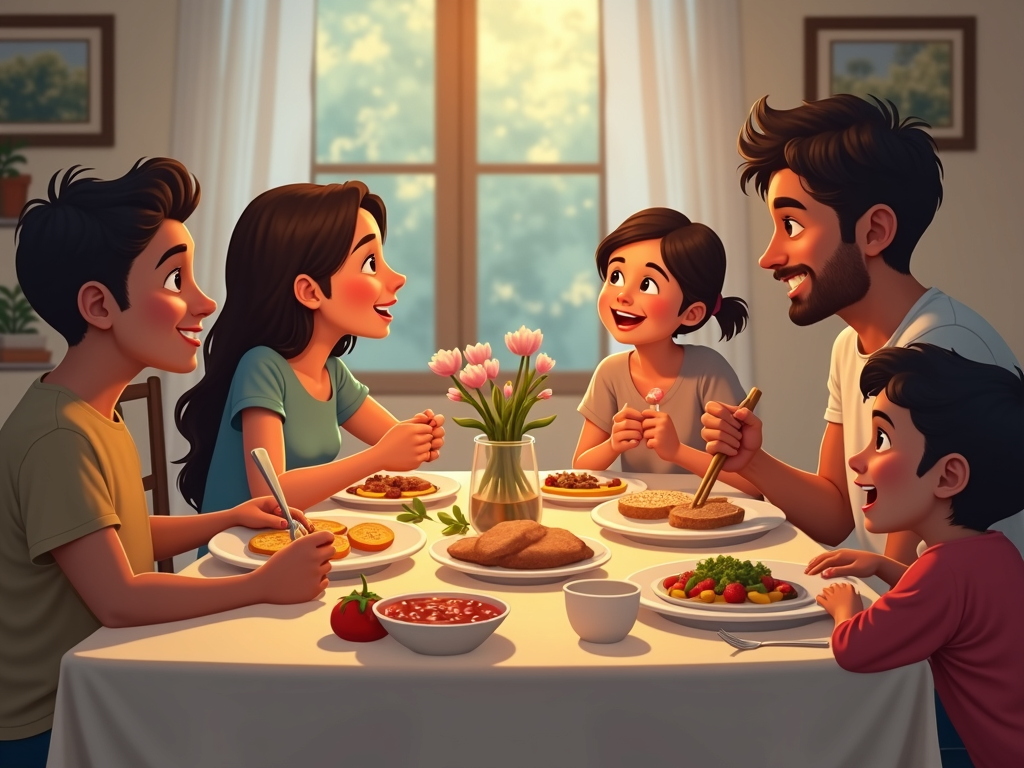 家族が夕食を共にしながら会話するシーン