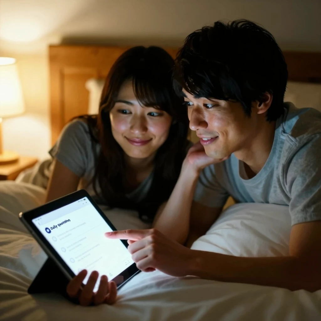 ベッドでアプリを共有して笑顔になるカップル