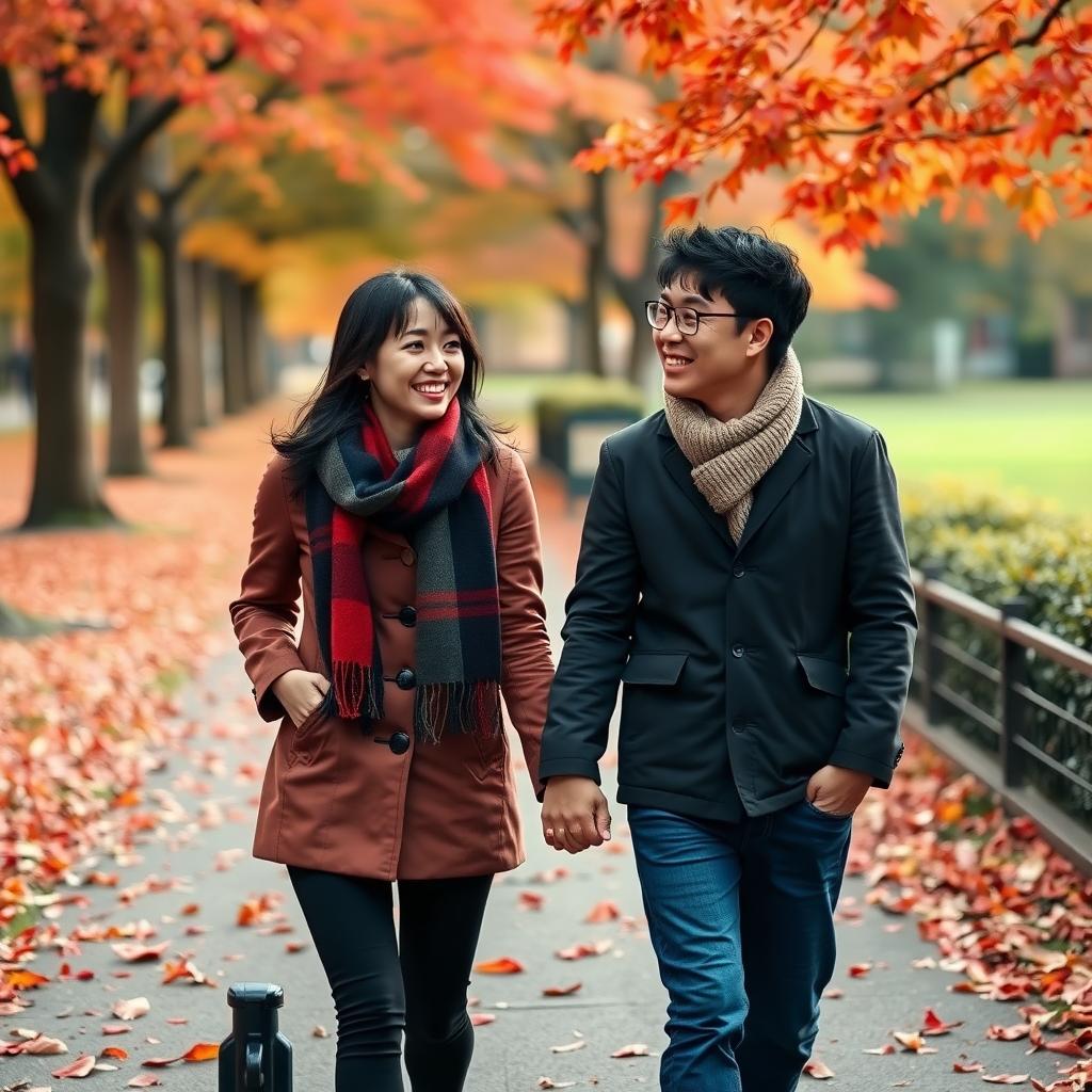 秋の公園で手をつないで歩く夫婦
