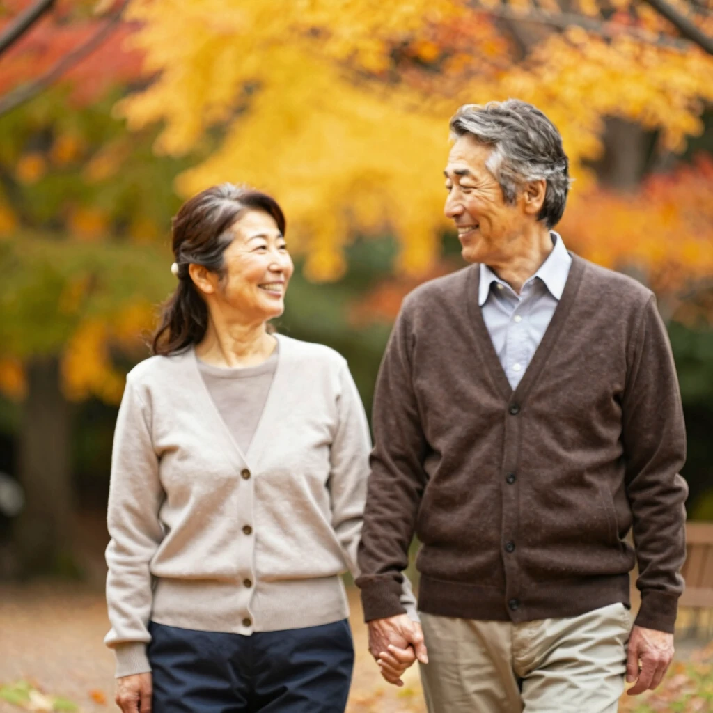 秋の公園で手をつないで笑顔で歩く仲睦まじい日本人夫婦