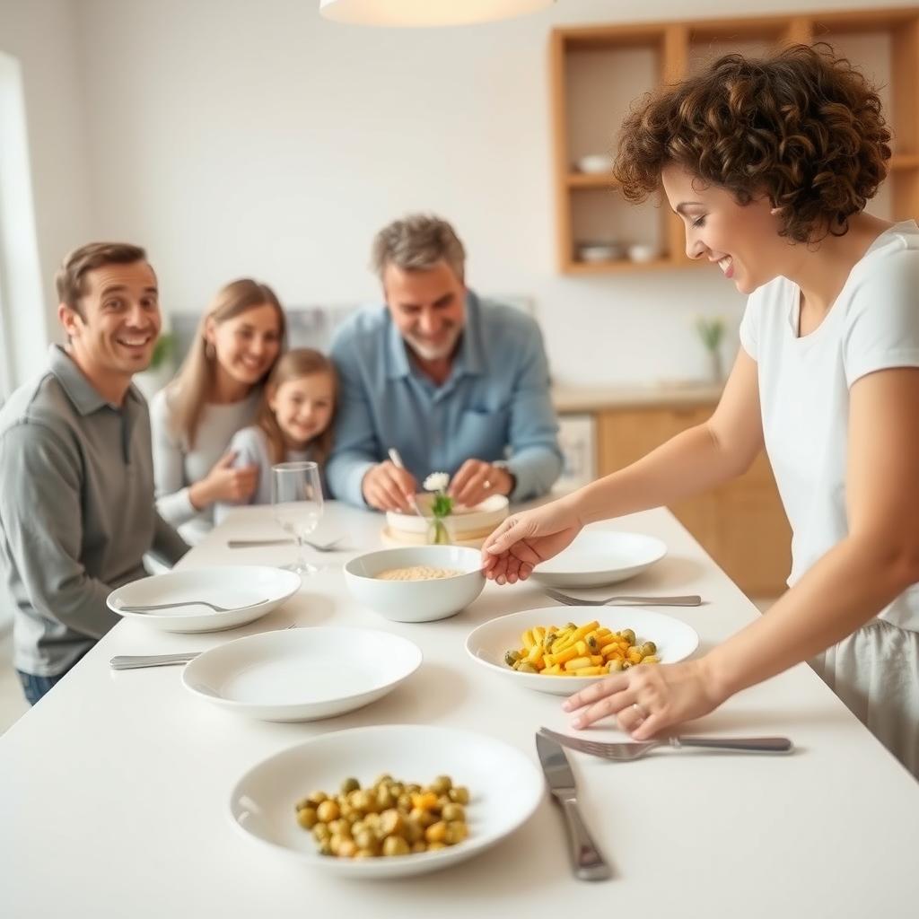 明るいダイニングルームで、家族が楽しく食卓を準備している。テーブルにはシンプルな食事が並び、皿やカトラリーが整然と置かれている。背景には整理された棚と小さな花瓶がある清潔なキッチン。