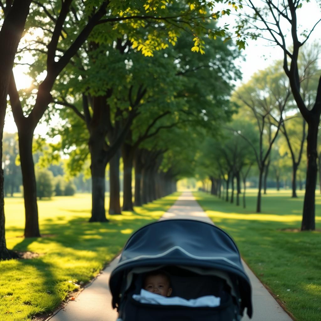 親がベビーカーを押しながら、朝の静かな公園を散歩する様子