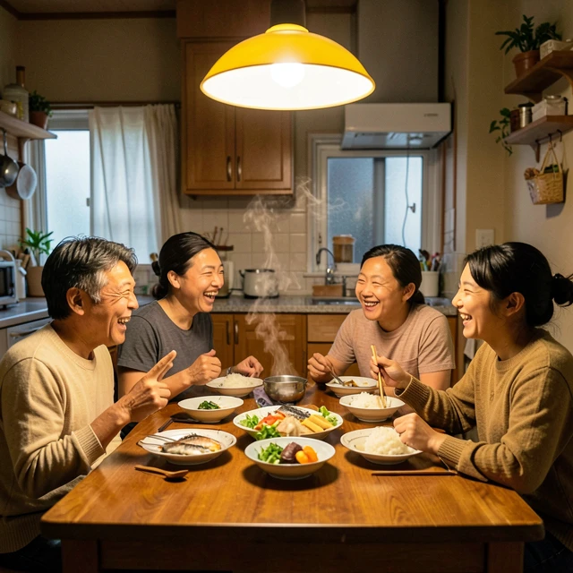 温かな夕食時の家族の会話シーン