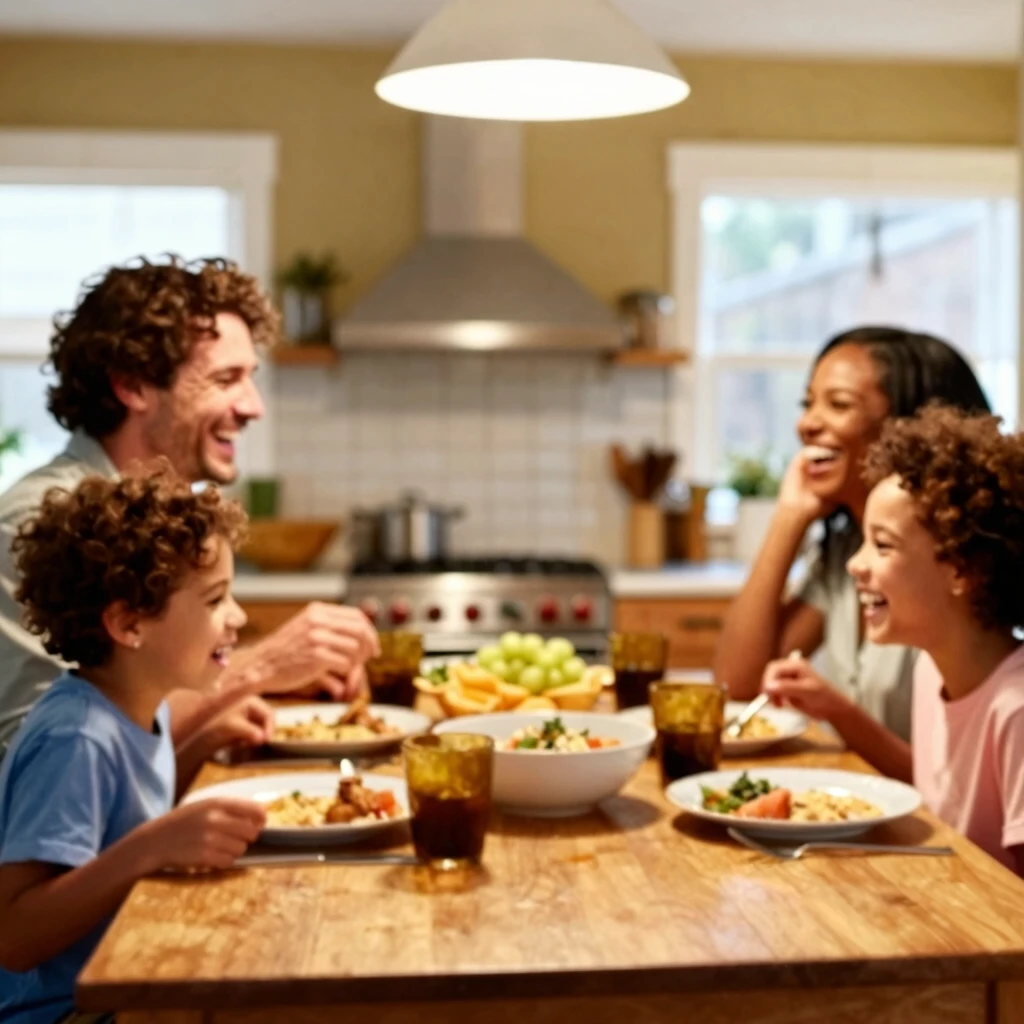 家族が夕食を囲んで笑顔で語らう温かな親子関係のシーン