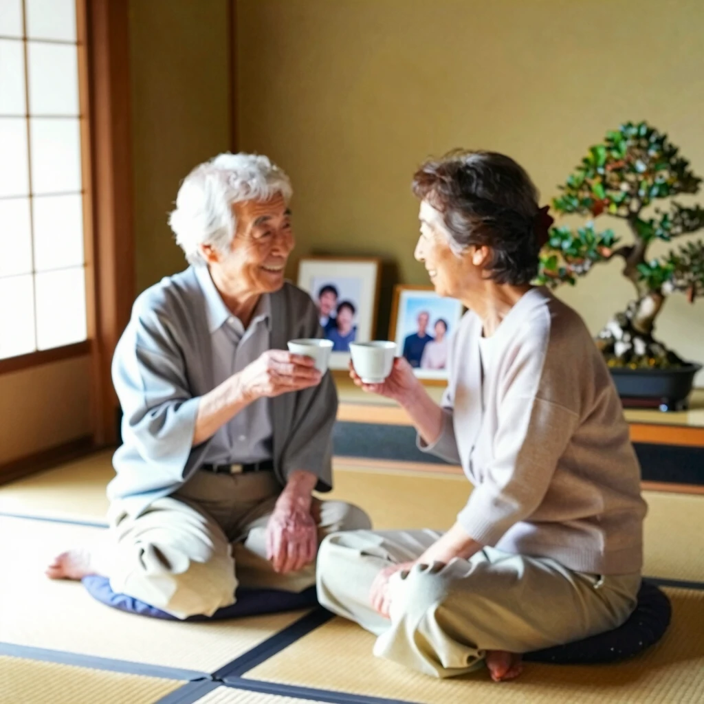 長年連れ添う夫婦がお茶を飲みながら穏やかに語らう様子