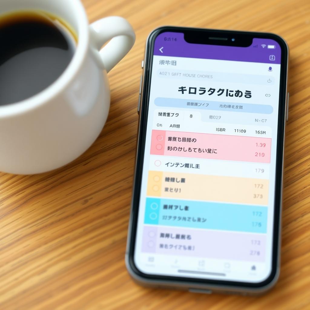 家事のスケジュールが表示されたスマートフォンの画面のクローズアップ。モダンなアプリのインターフェースには、カラフルなタスクカテゴリと完了マークがある。木製のテーブルの上にコーヒーカップと並んでいる。