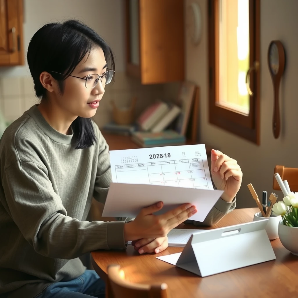 キッチンテーブルでスケジュールを相談する若い夫婦