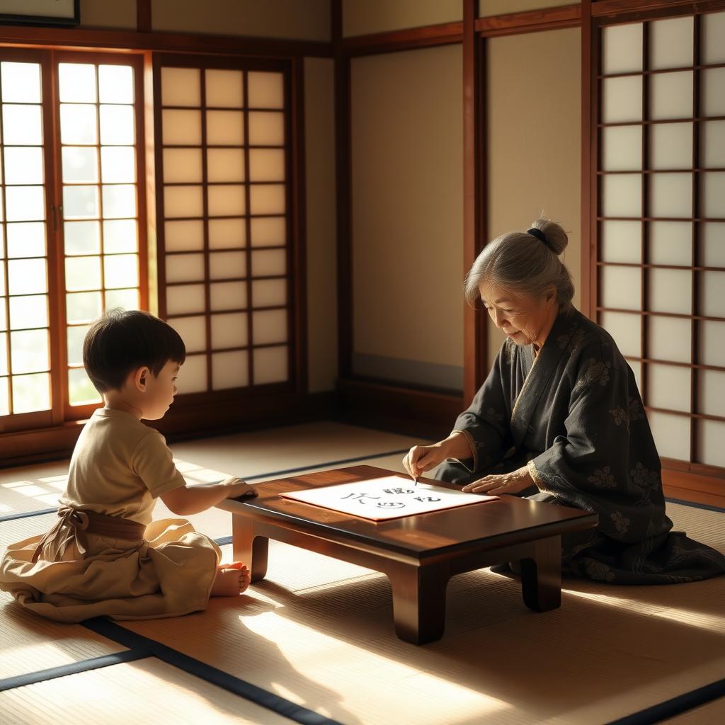 畳の部屋で祖母が子に書道を教える穏やかな日本の家族の光景