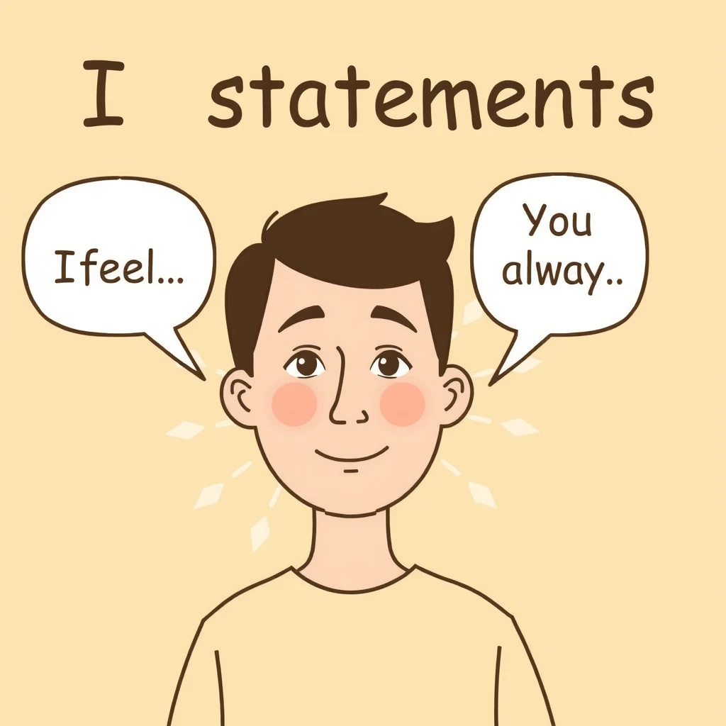 Iメッセージの例を示すイラスト。「私は感じる...」と「あなたはいつも...」の比較