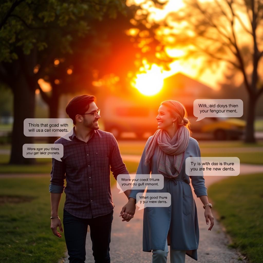 穏やかな公園で手をつないで歩く夫婦が、笑顔で会話している様子。背景には鮮やかな夕日が温かい光を放ち、AIが生成した会話のヒントがデジタルオーバーレイとして優しく浮かんでいる。