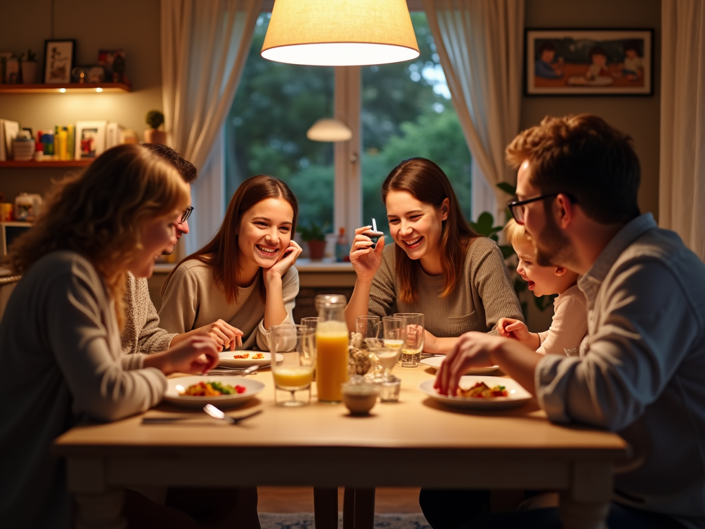 家族が夕食のテーブルで楽しく話している様子