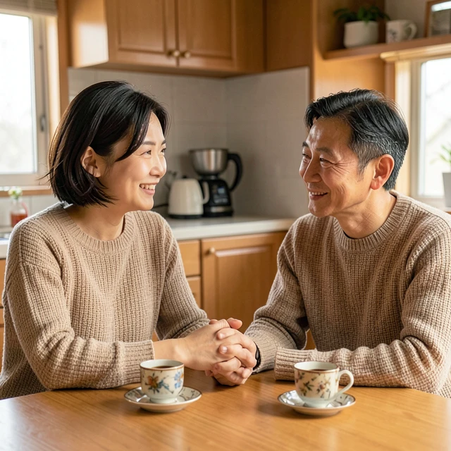 キッチンテーブルで手を繋いで穏やかに話し合う夫婦