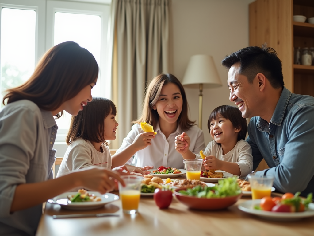 家族が食卓を囲んで食事を楽しんでいる様子。テーブルには健康的な食事が並び、皆が笑顔で話している。家族の絆を深めるための日常的な家族の夕食のシーン。