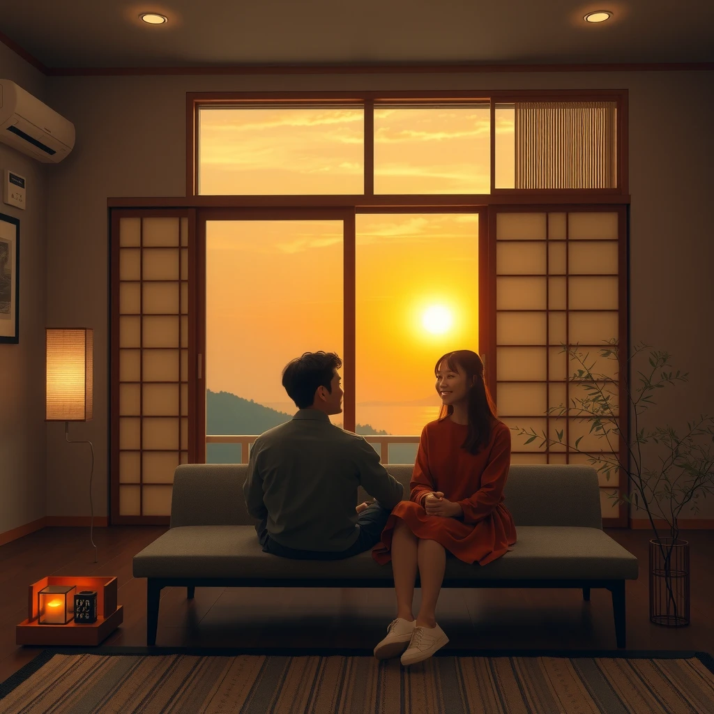 夕暮れのリビングで穏やかに話す夫婦の様子