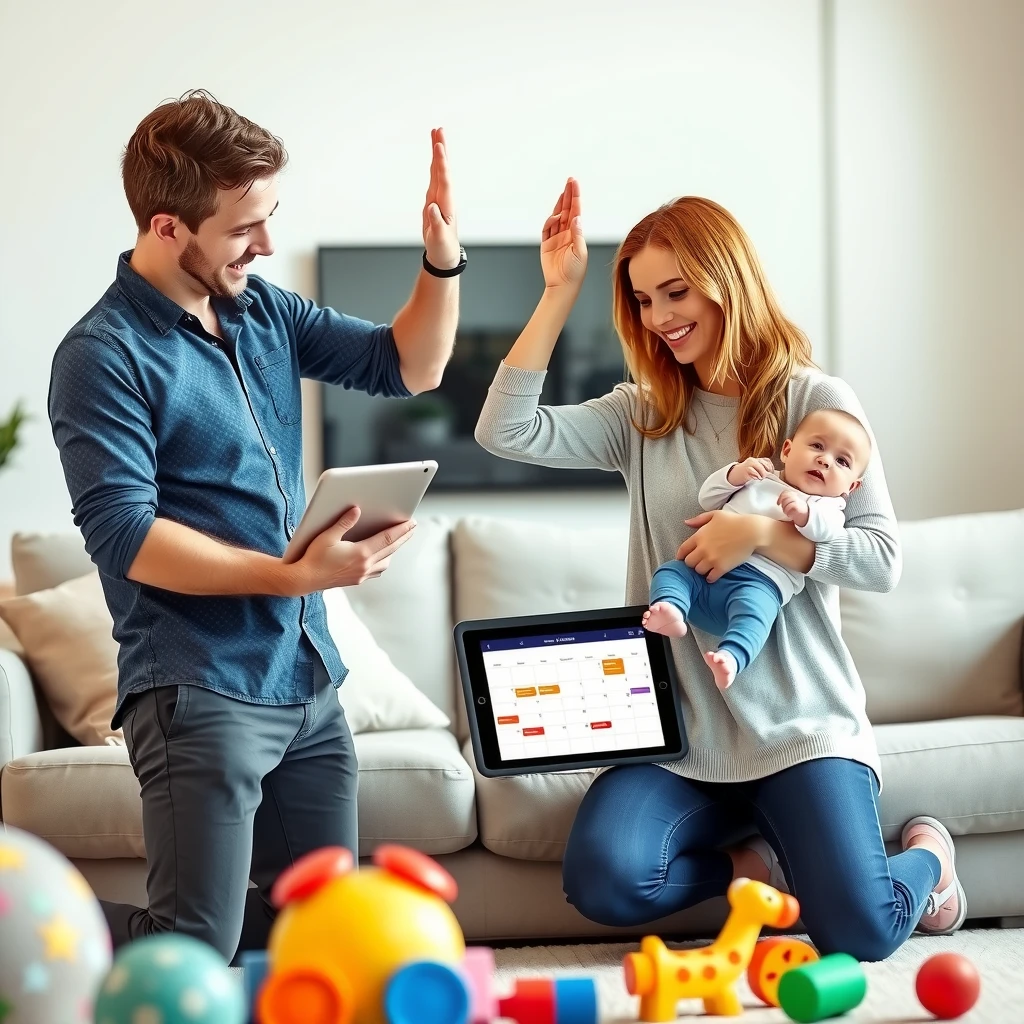 タブレットで共有カレンダーを確認しハイタッチする幸せな夫婦と赤ちゃん