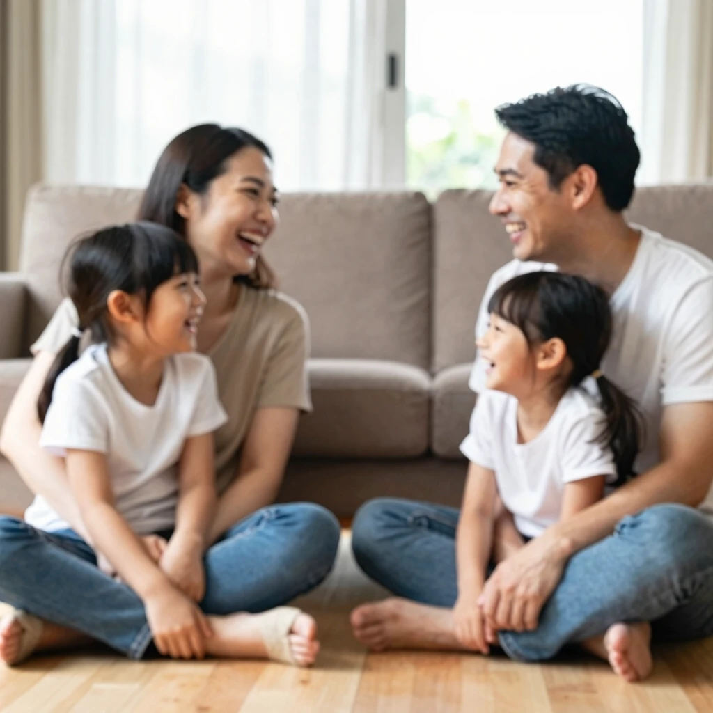 笑顔で会話する幸せなアジア人家族、リビングで親子がくつろぐ様子