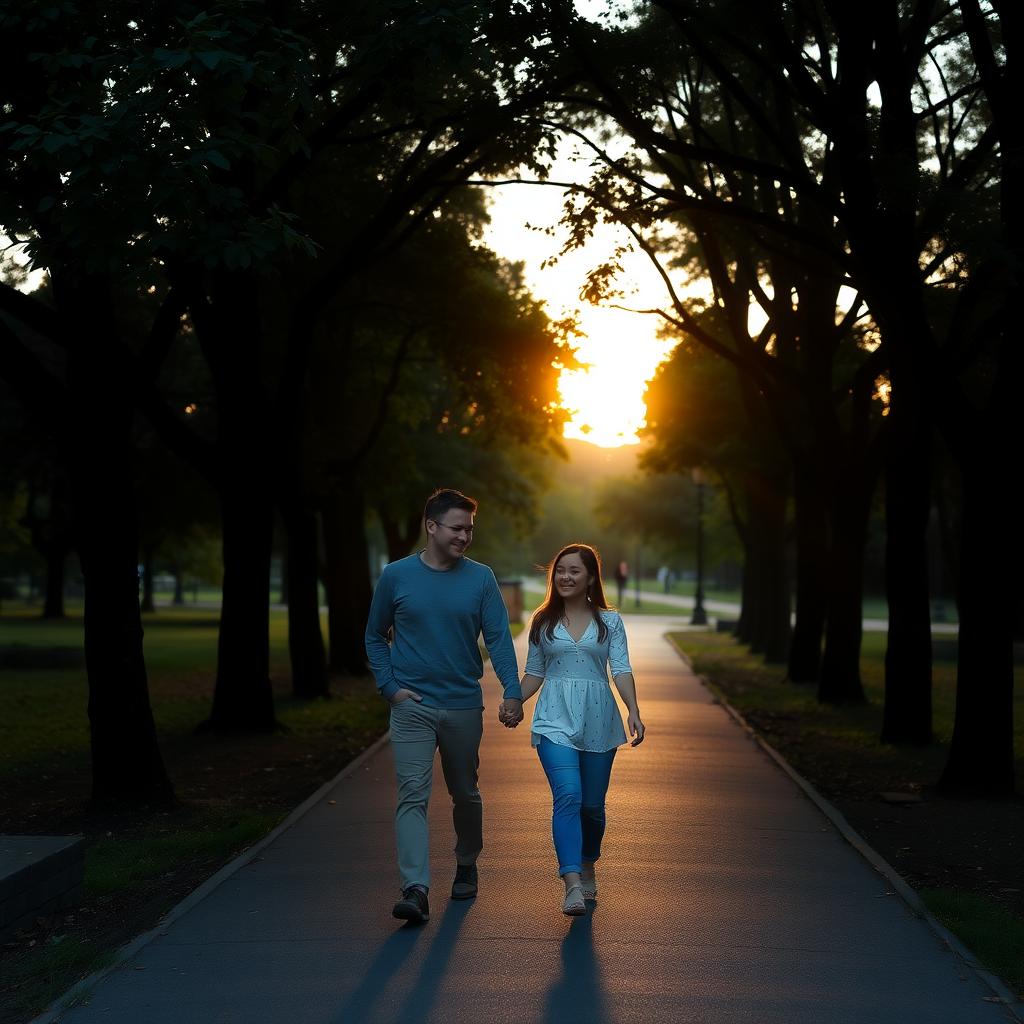 木々が並ぶ公園の小道を手を繋いで歩くカップル。夕日が温かい光を投げかけ、穏やかで満足感のある瞬間。