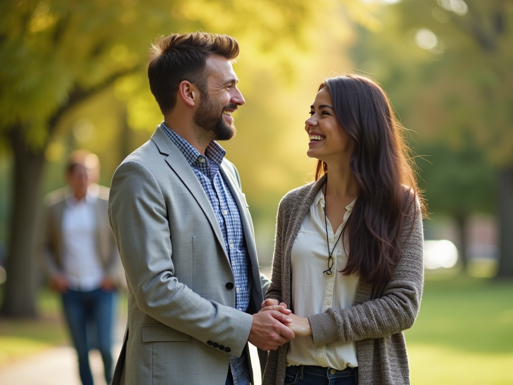 夫婦がソファに座って話し笑い、カウンセラーが観察しメモを取っている様子