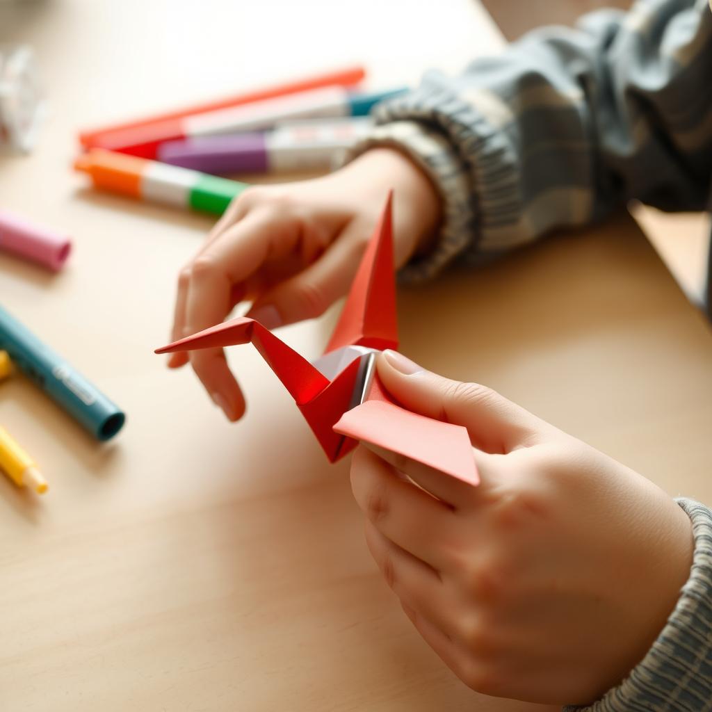 子どもの手が色とりどりの折り紙を丁寧に折って鶴を作る様子。背景はぼかされ、テーブルには糊やマーカーが散らばっている。鮮やかな赤や青の折り紙の繊細な折り目が際立つ。