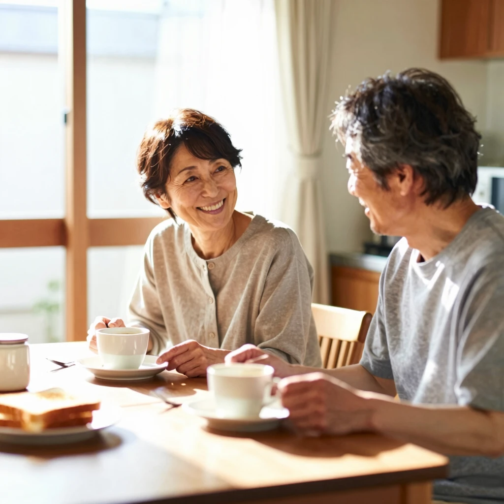 朝食を共に楽しむ夫婦の穏やかな朝のひと時